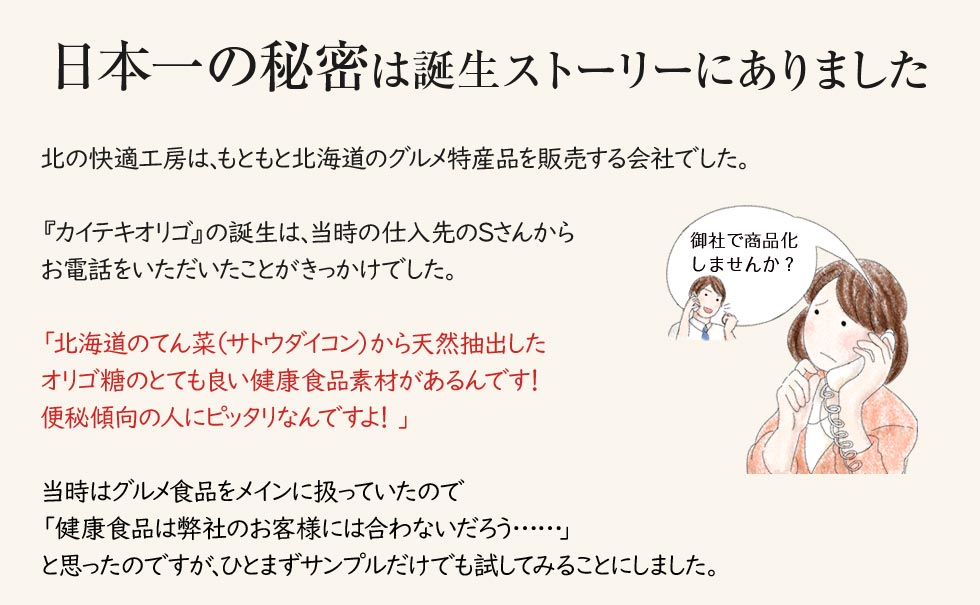 日本一の秘密は誕生ストーリーにありました　北の快適工房は、もともと北海道のグルメ特産品を販売する会社でした。『カイテキオリゴ』の誕生は、当時の仕入先のSさんからお電話をいただいたことがきっかけでした。「北海道のてん菜（サトウダイコン）から天然抽出したオリゴ糖のとても良い健康食品素材があるんです！便秘傾向の人にピッタリなんですよ！」当時はグルメ食品をメインに扱っていたので「健康食品は弊社のお客様には合わないだろう……」と思ったのですが、ひとまずサンプルだけでも試してみることにしました。