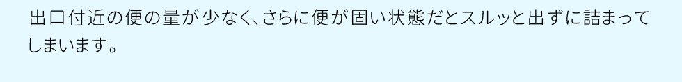 出口付近の便の量が少なく、さらに便が固い状態だとスルッと出ずに詰まってしまいます。